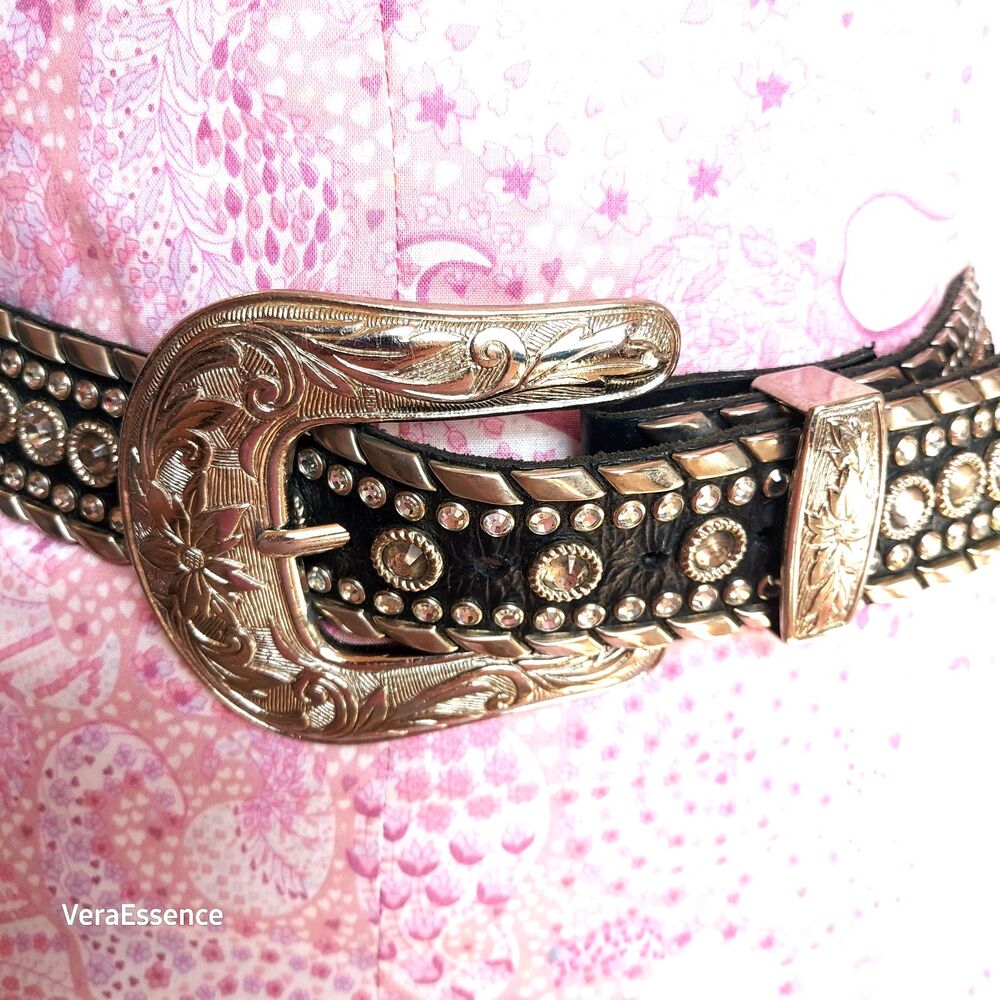 Kippys Rhinestone Black Studded Leather Belt with Embossed Large Buckle Sz32